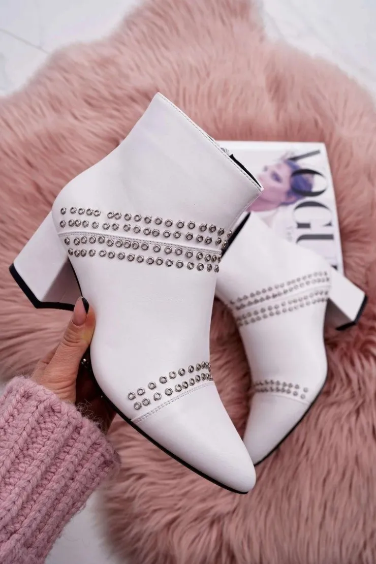 Boto Botki Na Słupku|Botki Zimowe Damskie*Damskie Botki Na Słupku W Szpic Z Nitami Białe Primma