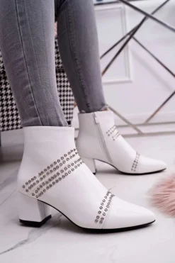 Boto Botki Na Słupku|Botki Zimowe Damskie*Damskie Botki Na Słupku W Szpic Z Nitami Białe Primma