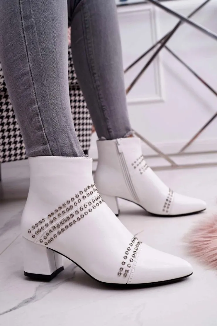 Boto Botki Na Słupku|Botki Zimowe Damskie*Damskie Botki Na Słupku W Szpic Z Nitami Białe Primma