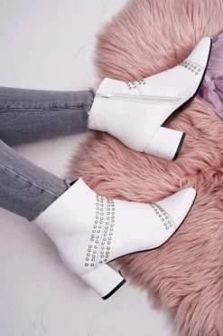 Boto Botki Na Słupku|Botki Zimowe Damskie*Damskie Botki Na Słupku W Szpic Z Nitami Białe Primma