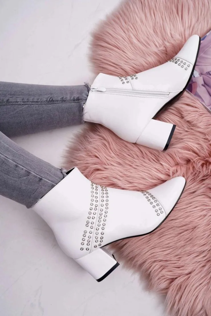 Boto Botki Na Słupku|Botki Zimowe Damskie*Damskie Botki Na Słupku W Szpic Z Nitami Białe Primma