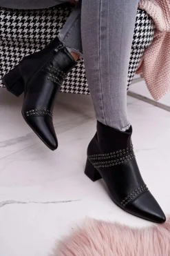 Damskie Boto Damskie Botki Na Słupku W Szpic Z Nitami Czarne Primma