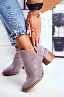 Damskie Boto Damskie Botki Na Słupku Wycięte Szare Mini Meliori