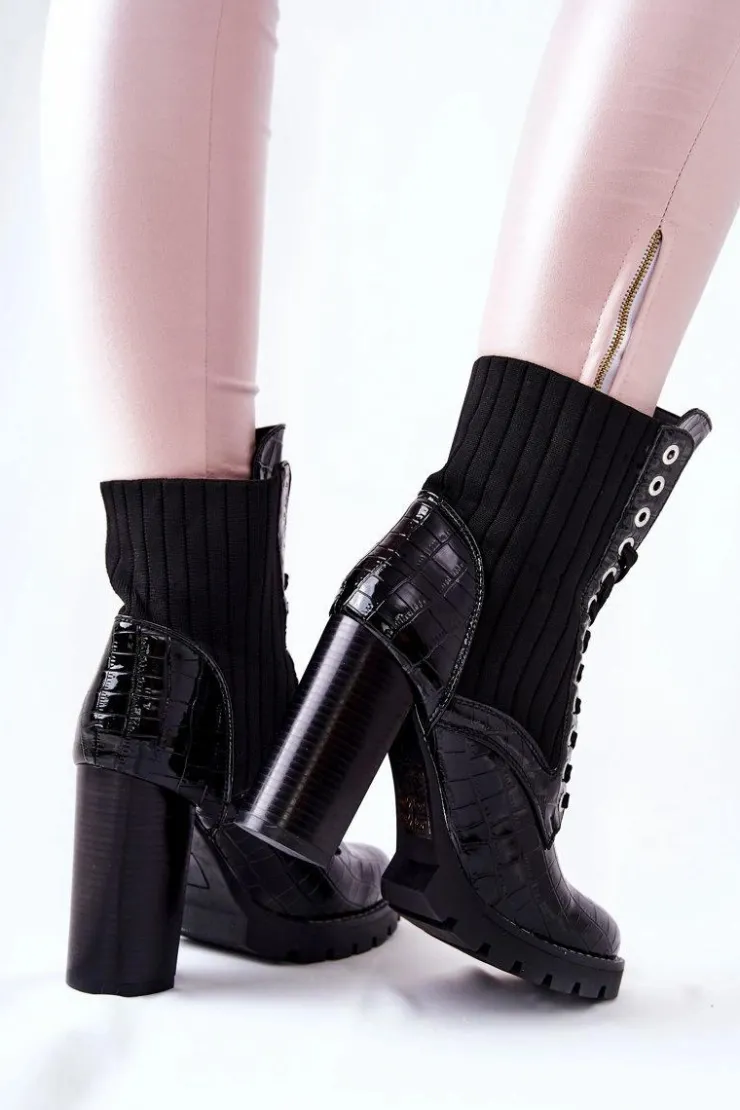 Damskie Boto Damskie Botki Na Słupku Wysokie Wzór Krokodyla Czarne Erdogan