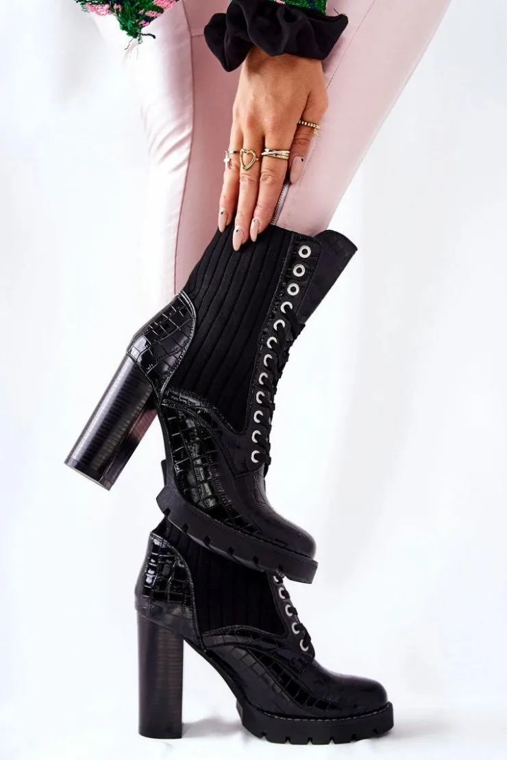 Damskie Boto Damskie Botki Na Słupku Wysokie Wzór Krokodyla Czarne Erdogan