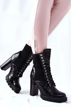 Damskie Boto Damskie Botki Na Słupku Wysokie Wzór Krokodyla Czarne Erdogan