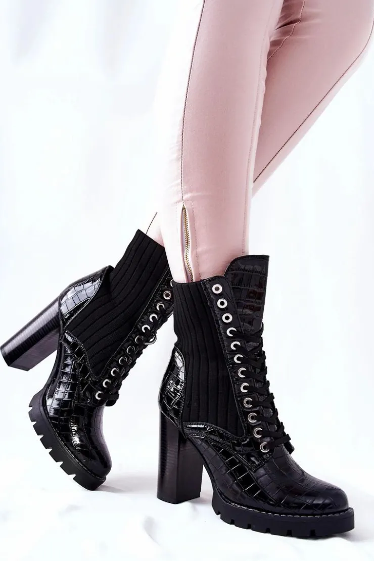 Damskie Boto Damskie Botki Na Słupku Wysokie Wzór Krokodyla Czarne Erdogan