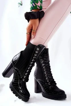 Damskie Boto Damskie Botki Na Słupku Wysokie Wzór Krokodyla Czarne Erdogan