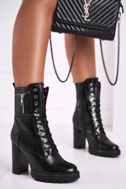 Boto Botki Sznurowane|Botki Na Słupku*Damskie Botki Na Słupku Wysokie Czarne Bregma