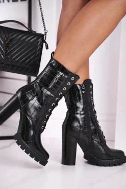 Boto Botki Sznurowane|Botki Na Słupku*Damskie Botki Na Słupku Wysokie Czarne Bregma