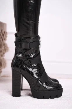 Boto Botki Na Słupku|Czarne Botki*Damskie Botki na Słupku Wysokie Czarne Hortego