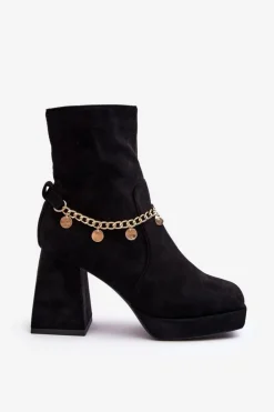 Damskie Boto Damskie Botki Na Słupku Z Łańcuszkiem Czarne Tiselo