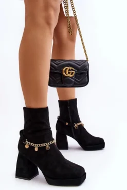 Damskie Boto Damskie Botki Na Słupku Z Łańcuszkiem Czarne Tiselo