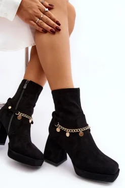 Damskie Boto Damskie Botki Na Słupku Z Łańcuszkiem Czarne Tiselo