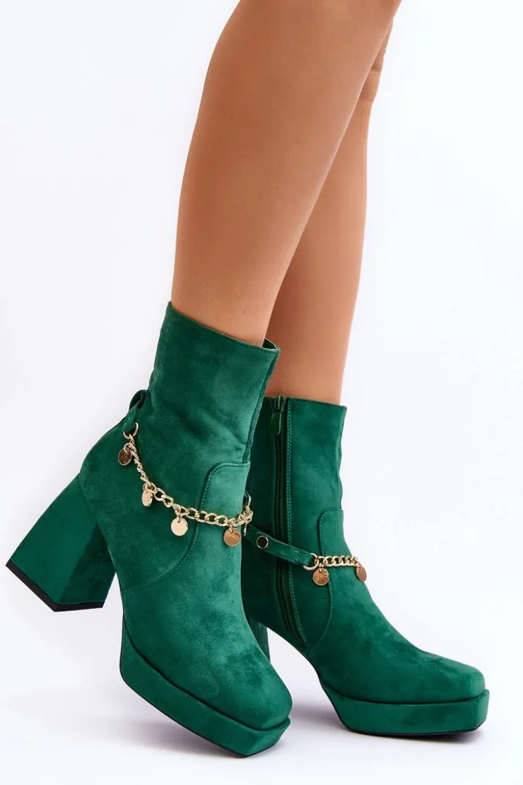 Boto Botki Ocieplane|Botki Na Słupku*Damskie Botki Na Słupku Z Łańcuszkiem Zielone Tiselo