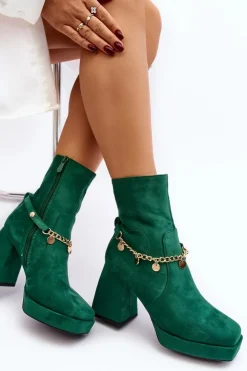 Boto Botki Ocieplane|Botki Na Słupku*Damskie Botki Na Słupku Z Łańcuszkiem Zielone Tiselo