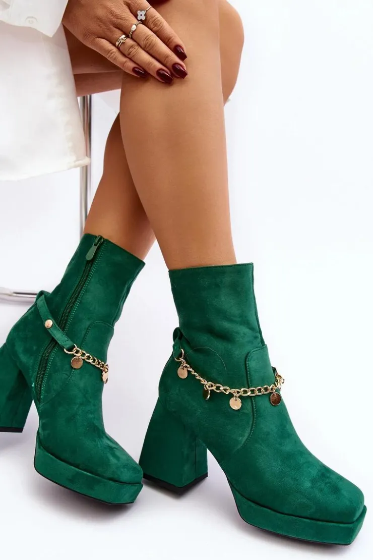 Boto Botki Ocieplane|Botki Na Słupku*Damskie Botki Na Słupku Z Łańcuszkiem Zielone Tiselo
