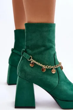 Boto Botki Ocieplane|Botki Na Słupku*Damskie Botki Na Słupku Z Łańcuszkiem Zielone Tiselo