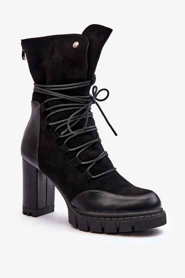 Damskie Boto Damskie Botki Na Słupku Z Wiązaniem Czarne Artie