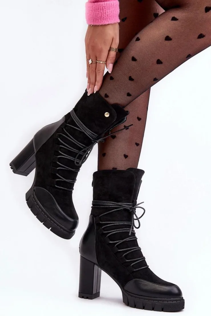 Damskie Boto Damskie Botki Na Słupku Z Wiązaniem Czarne Artie