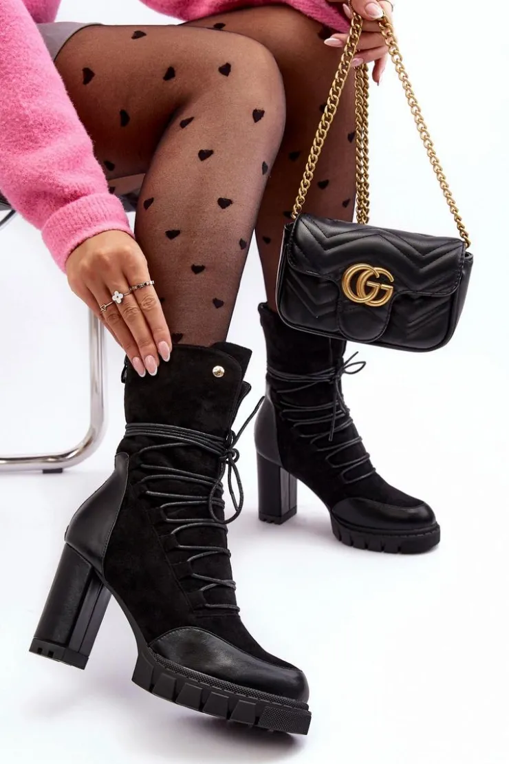 Damskie Boto Damskie Botki Na Słupku Z Wiązaniem Czarne Artie