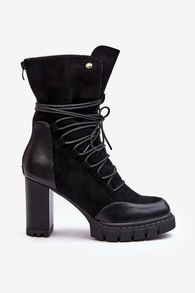 Damskie Boto Damskie Botki Na Słupku Z Wiązaniem Czarne Artie