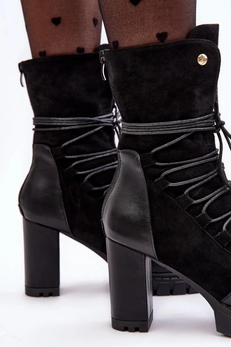 Damskie Boto Damskie Botki Na Słupku Z Wiązaniem Czarne Artie