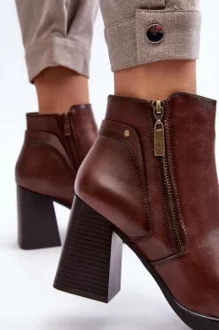 Buty Sergio Leone Botki Zimowe Damskie|Brązowe I Beżowe Botki*Damskie Botki Na Słupku Z Suwakami Brązowe Ryelle