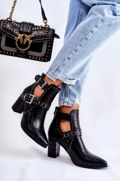 Damskie Boto Damskie Botki Na Słupku Z Dżetami Czarne Kelin