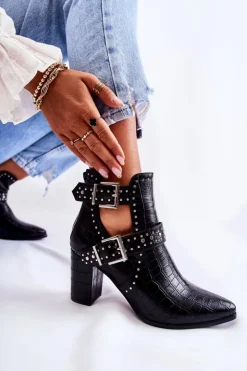 Damskie Boto Damskie Botki Na Słupku Z Dżetami Czarne Kelin