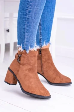 Hot Boto Damskie Botki Na Słupku Z Klamrą Zamsz Camel Evoret