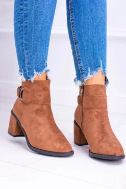 Hot Boto Damskie Botki Na Słupku Z Klamrą Zamsz Camel Evoret