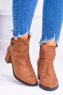 Hot Boto Damskie Botki Na Słupku Z Klamrą Zamsz Camel Evoret