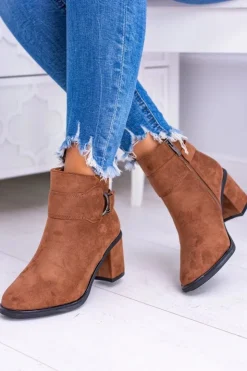 Hot Boto Damskie Botki Na Słupku Z Klamrą Zamsz Camel Evoret