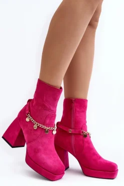 Damskie Boto Damskie Botki Na Słupku Z Łańcuszkiem Fuksja Tiselo