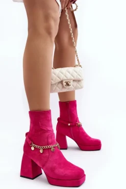 Damskie Boto Damskie Botki Na Słupku Z Łańcuszkiem Fuksja Tiselo