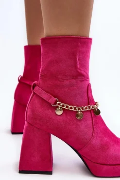 Damskie Boto Damskie Botki Na Słupku Z Łańcuszkiem Fuksja Tiselo
