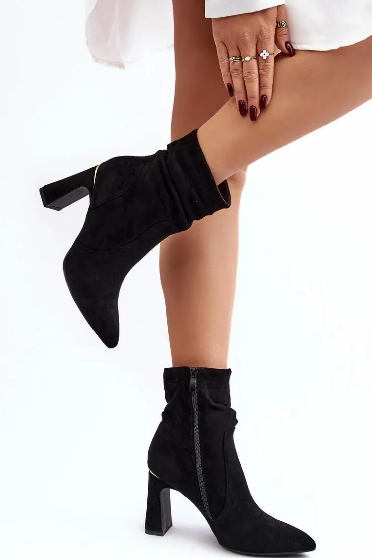 Damskie Boto Damskie Botki Na Słupku Z Marszczoną Cholewką Czarne Phaga