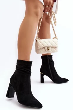 Damskie Boto Damskie Botki Na Słupku Z Marszczoną Cholewką Czarne Phaga