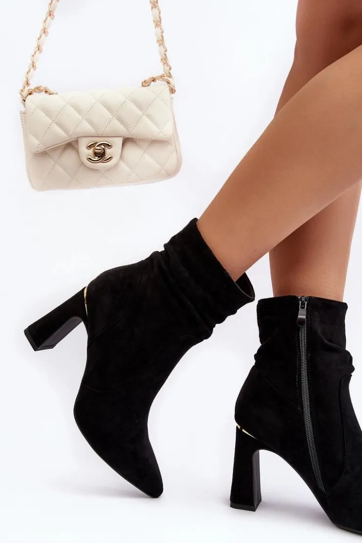 Damskie Boto Damskie Botki Na Słupku Z Marszczoną Cholewką Czarne Phaga