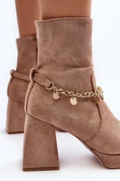 Sale Boto Damskie Botki Na Słupku Z Łańcuszkiem Beżowe Tiselo