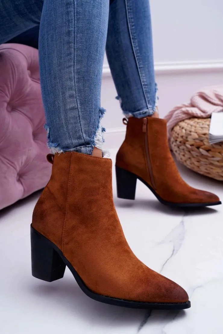 Boto Botki Wiosenne|Botki Na Słupku*Damskie Botki Na Słupku Zamszowe Camel Niki