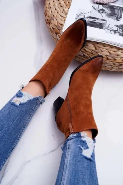 Boto Botki Wiosenne|Botki Na Słupku*Damskie Botki Na Słupku Zamszowe Camel Niki