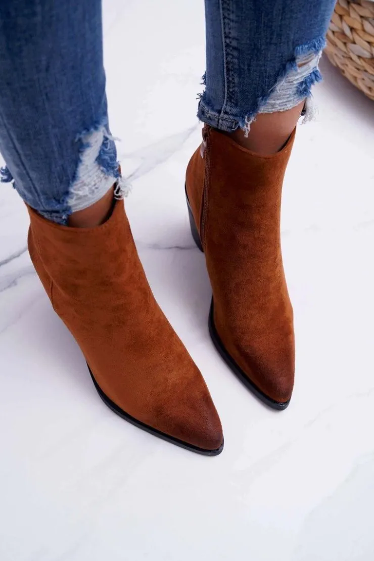 Boto Botki Wiosenne|Botki Na Słupku*Damskie Botki Na Słupku Zamszowe Camel Niki