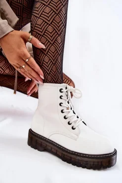 Big Star Shoes Damskie Trapery|Botki Sznurowane*Damskie Botki Na Suwak Big Star KK274536 Białe Biały