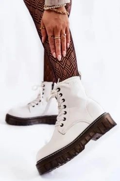 Big Star Shoes Damskie Trapery|Botki Sznurowane*Damskie Botki Na Suwak Big Star KK274536 Białe Biały