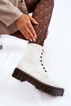 Big Star Shoes Damskie Trapery|Botki Sznurowane*Damskie Botki Na Suwak Big Star KK274536 Białe Biały