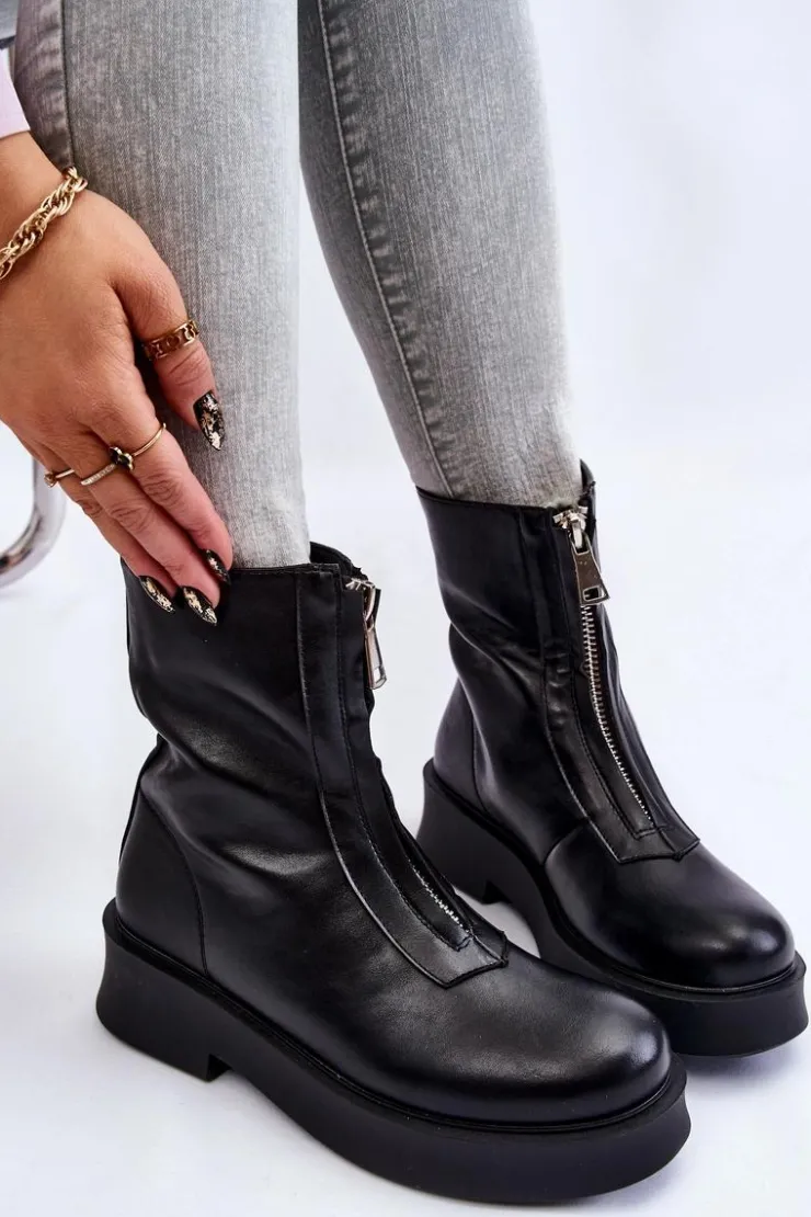 Outlet Boto Damskie Botki Na Suwak Na Platformie Czarne Laretto