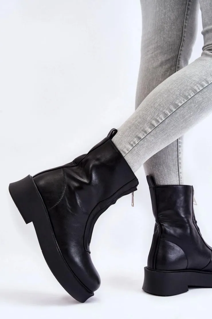 Outlet Boto Damskie Botki Na Suwak Na Platformie Czarne Laretto