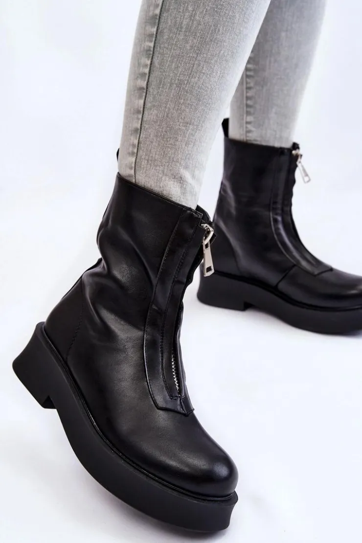 Outlet Boto Damskie Botki Na Suwak Na Platformie Czarne Laretto